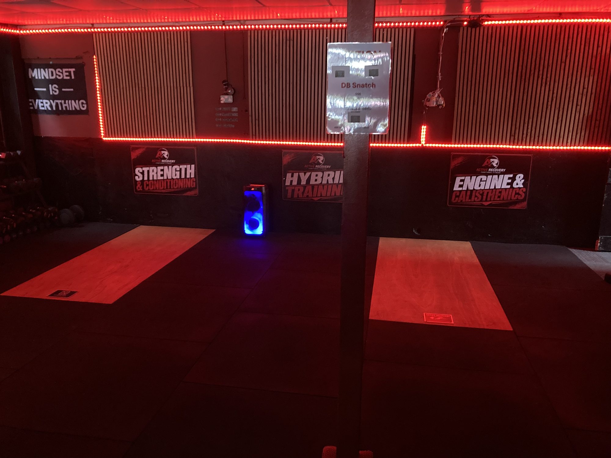 The gym lit in red